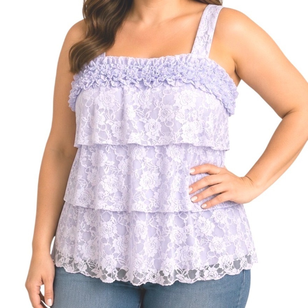 NEW Maurices Tiered Size 1 (1X) Lace Tank Top Lavender Floral Ruffle Square Neck